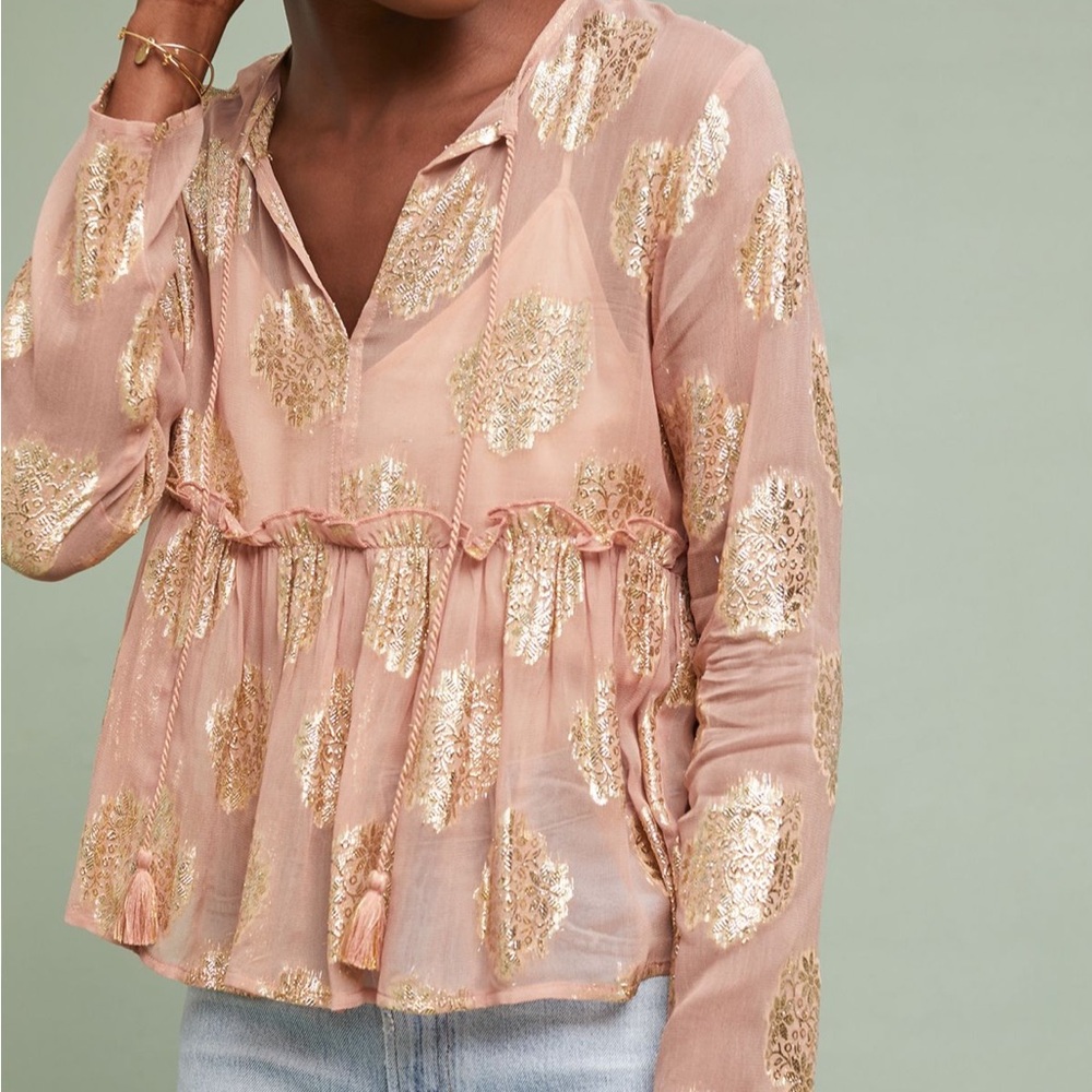 NWT Anthropologie Lovedrobe gold foiled floral blouse